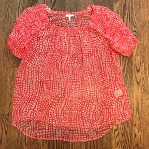 Joie Red and white sheer silk top ruched sleeves